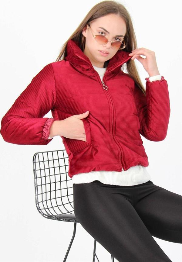 Dip Moda Kadın Yüksek Yaka Fermuar Detaylı Cepli Kışlık Kadife Mont DP7154 - Image 1