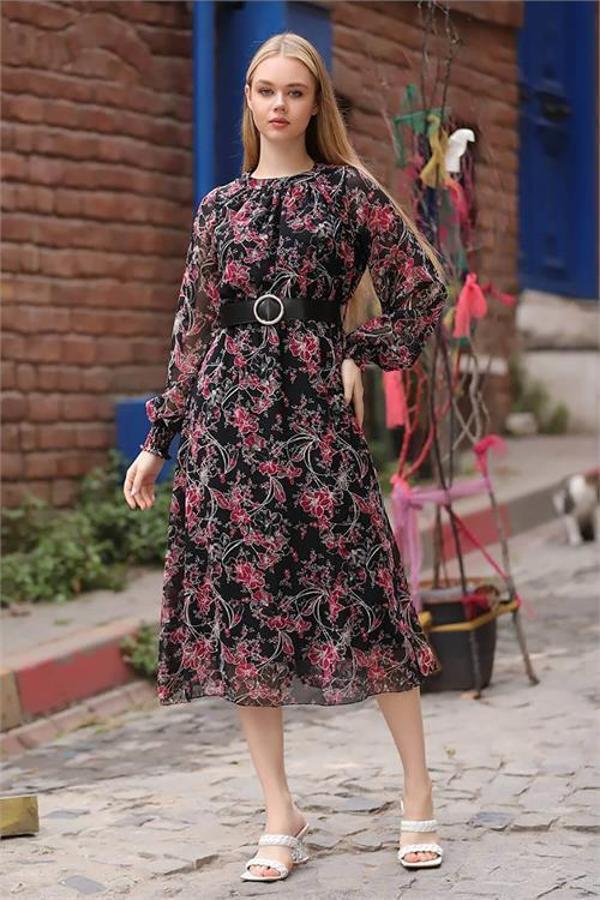 Dip Moda kadın kırmızı kemerli yakası büzgülü uzun şifon elbise RSSN27 - Image 1