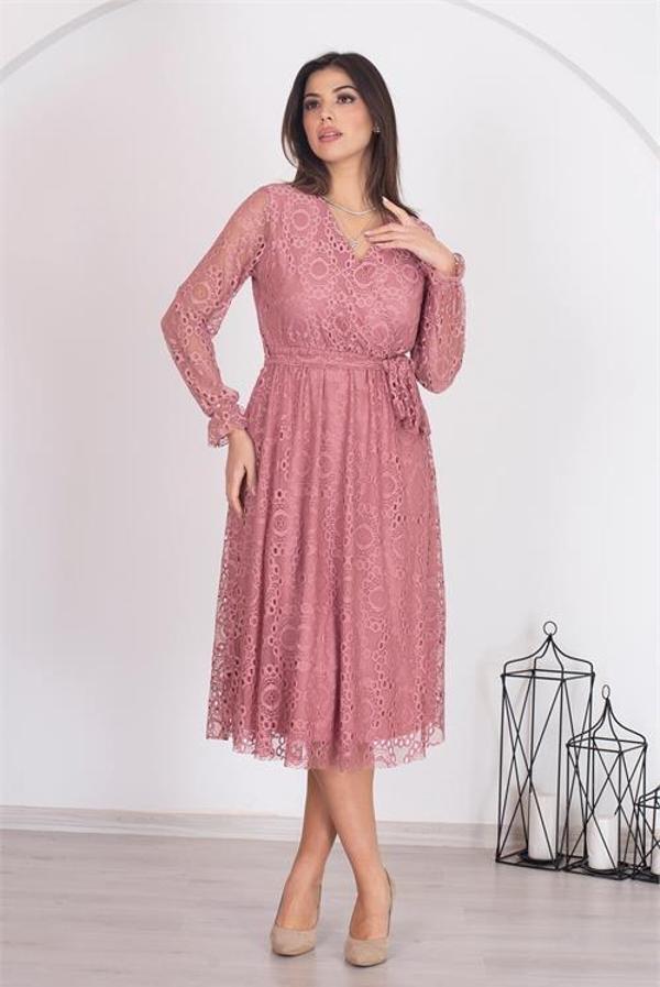 Dip Moda kadın gül kurusu kuşaklı kruvaze yaka astarlı dantel elbise RSSN31 - Image 1