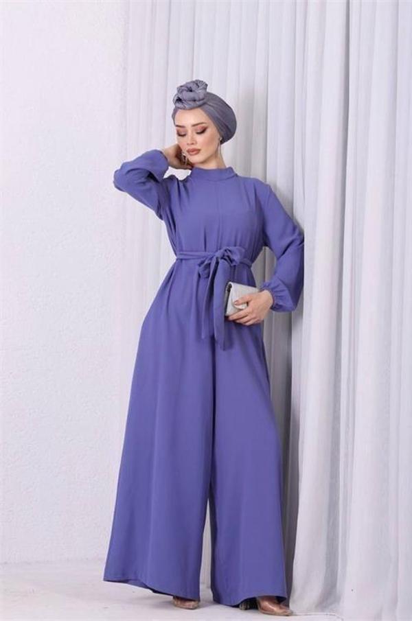 Dip Moda kadın lila mavisi kuşaklı gül detaylı salaş tulum NMS003 - Image 1