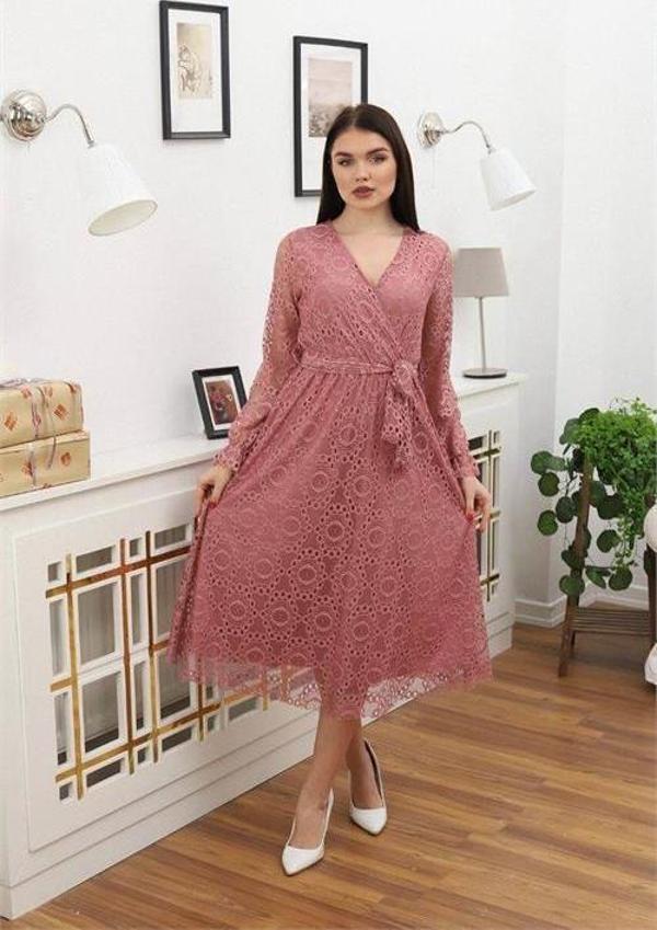 Dip Moda kadın bağlama detaylı dantel elbise RSSN619 - Gül kurusu - Image 1