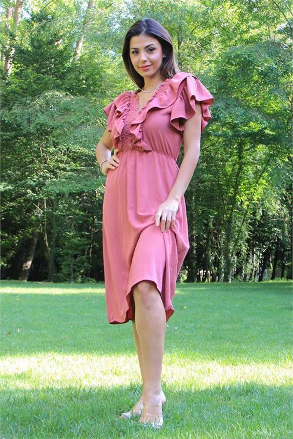 Dip Moda kadın yaka ve kolları fırfırlı bağlama detaylı ayrobin elbise DP10050 - Image 1