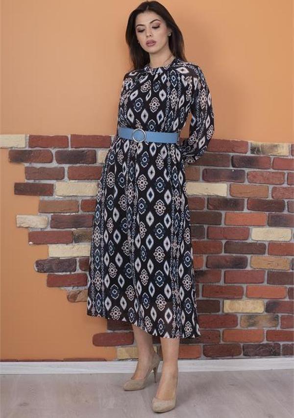 Dip Moda kadın kemerli yaka detaylı uzun şifon elbise RY0032 - Image 1