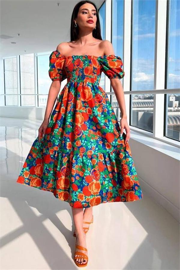 Dip Moda kadın poplin desenli kare yaka gipeli elbise DPG011 - Image 1