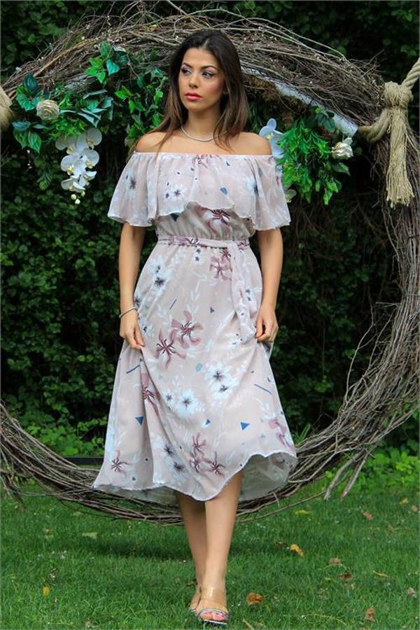 Dip Moda kadın yeni sezon bağlama detaylı madonna yaka şifon elbise DP100371 - Image 1