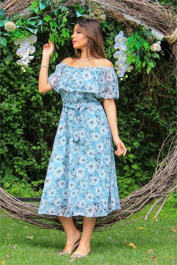 Dip Moda kadın mint carmen yaka çiçekli midi boy şifon elbise DP10037 - Image 1