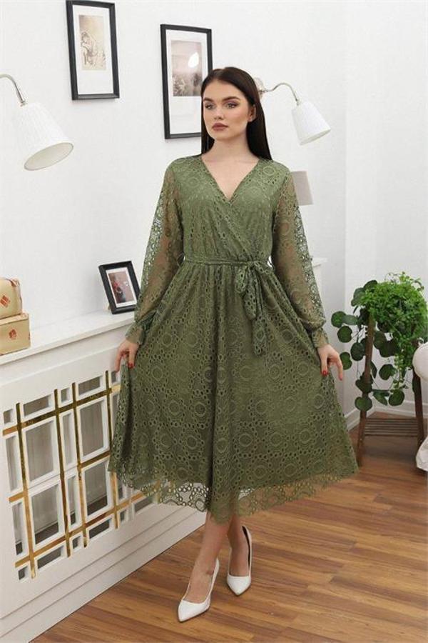 Dip Moda kadın bağlama detaylı dantel elbise RSSN619 - Haki - Image 1