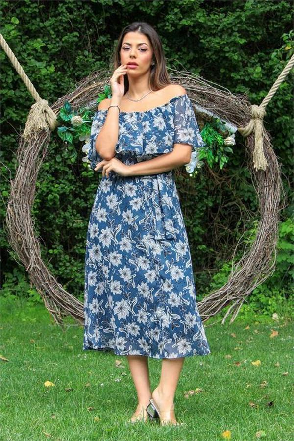 Dip Moda kadın indigo madonna kuşaklı çiçek desenli şifon elbise DP10037 - Image 1