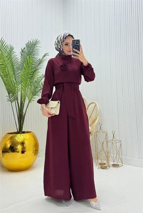 Dip Moda kadın bordo kuşaklı gül detaylı salaş tulum NMS003 - Image 1
