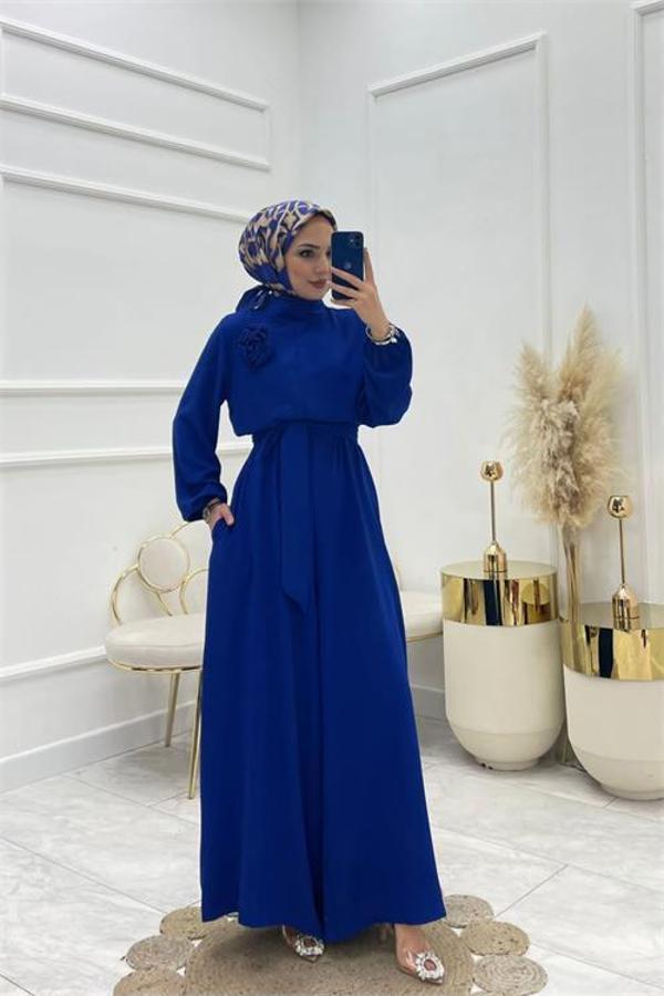 Dip Moda kadın saks mavisi kuşaklı gül detaylı salaş tulum NMS003 - Image 1