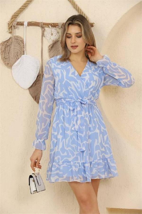 Dip Moda kadın desenli mini şifon elbise RSSN37 - Mavi - Image 1