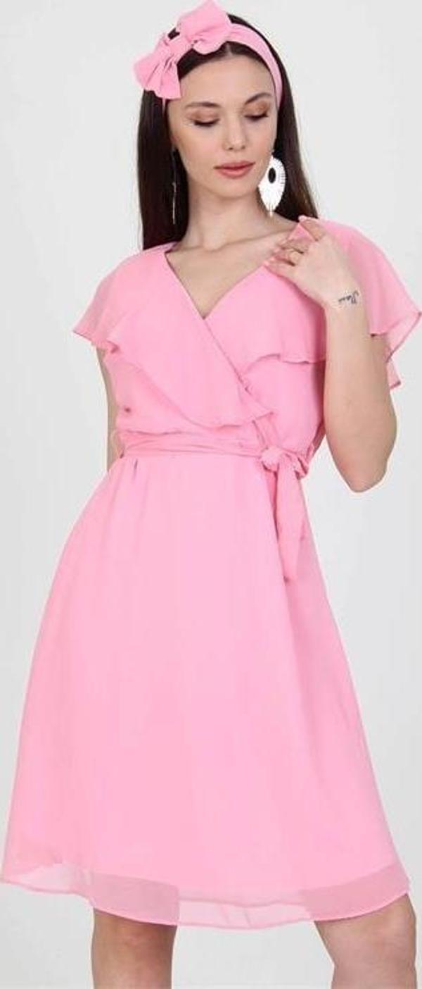 Dip Moda Kadın Kruvaze Yaka Bağlama Detaylı Yeni Sezon Şifon Elbise DP8081 - Image 1