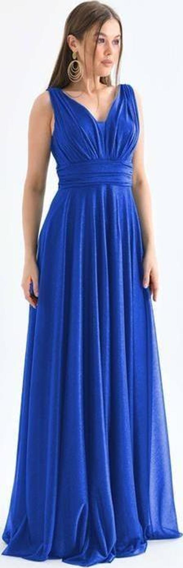 Dip Moda kadın saks mavisi v yaka simli tül abiye elbise DPS9223 - Image 1