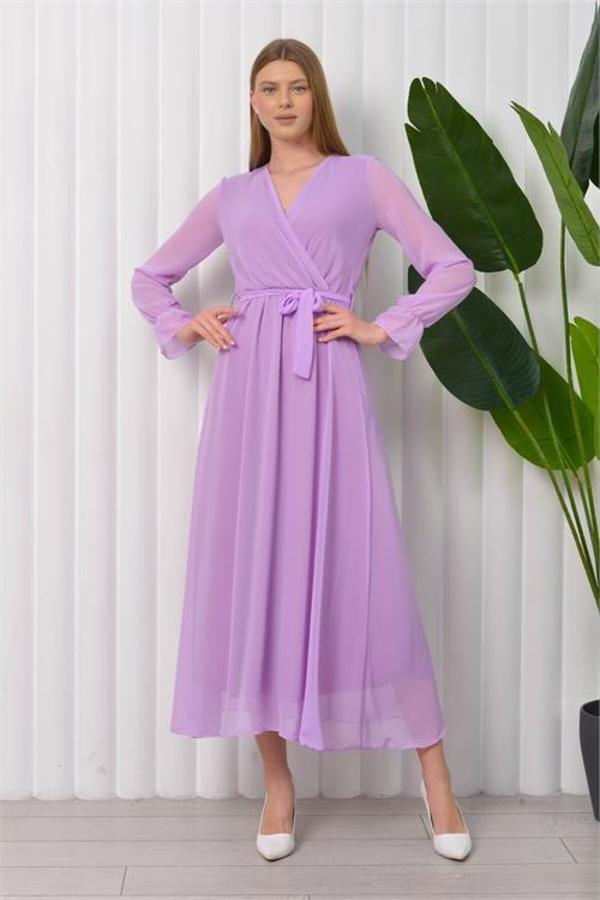 Dip Moda kadın kuşaklı uzun şifon elbise DP003 - Lila - Image 1