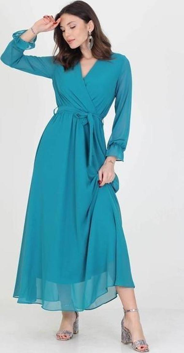 Dip Moda Kadın Yeni Sezon Astarlı Kruvaze Yaka Uzun Şifon Elbise DP003 - Image 1