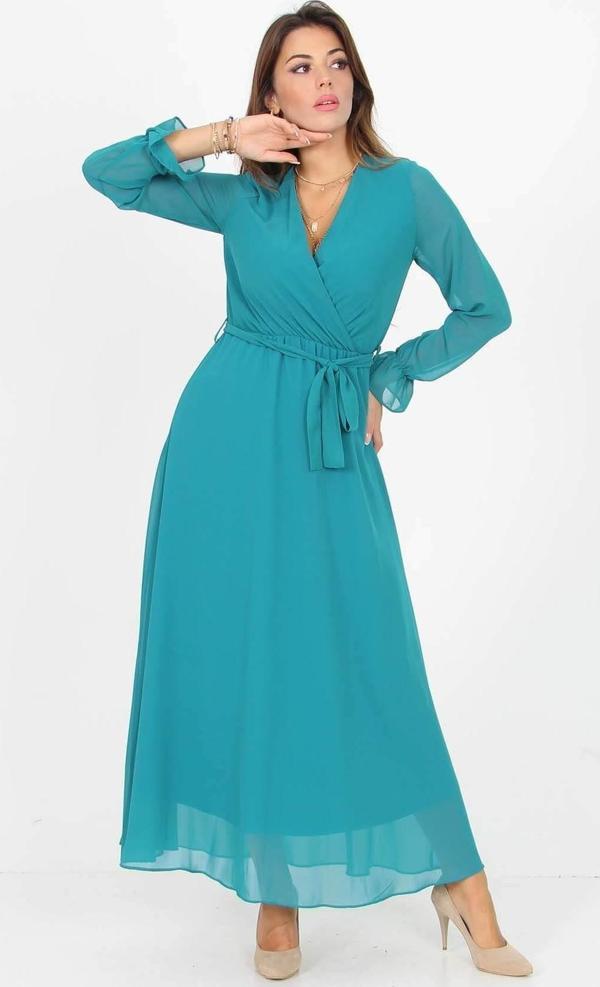 Dip Moda Kadın Kruvaze Yaka Bağlama Detaylı Yeni Sezon Uzun Şifon Elbise KTS003 - Image 1