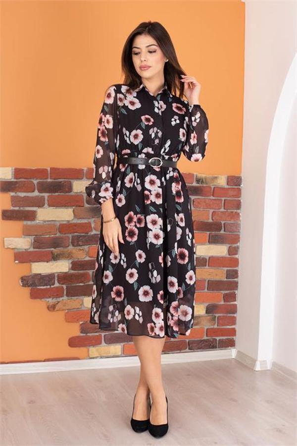 Dip Moda kadın gömlek yaka kemerli çiçek desenli şifon elbise RY0031 - Image 1