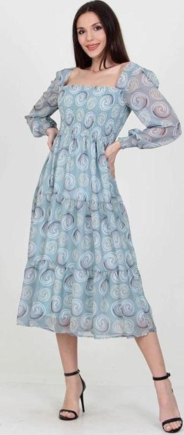 Dip Moda kadın mint gipeli kare yaka desenli şifon elbise DP100361 - Image 1