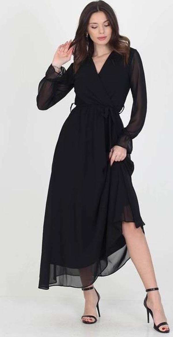 Dip Moda Kadın Yeni Sezon Astarlı Kruvaze Yaka Uzun Şifon Elbise DP003 - Image 1