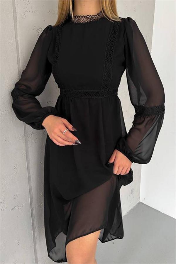 Dip Moda kadın siyah midi boy astarlı şifon elbise DPK2024 - Image 1
