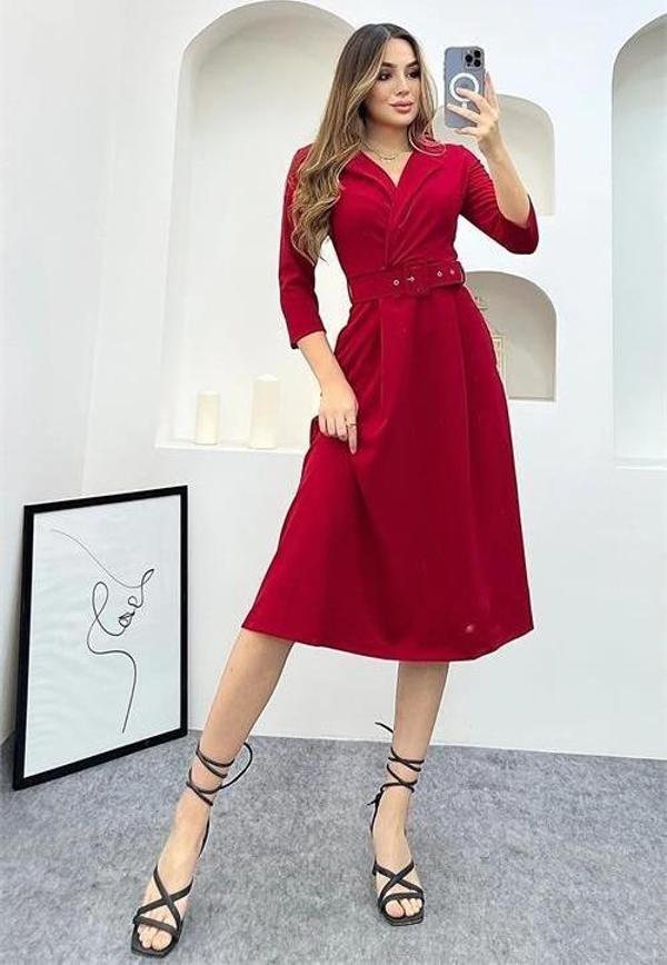 Dip Moda kadını gömlek yaka kemerli örme elbise DP0016 - Image 1