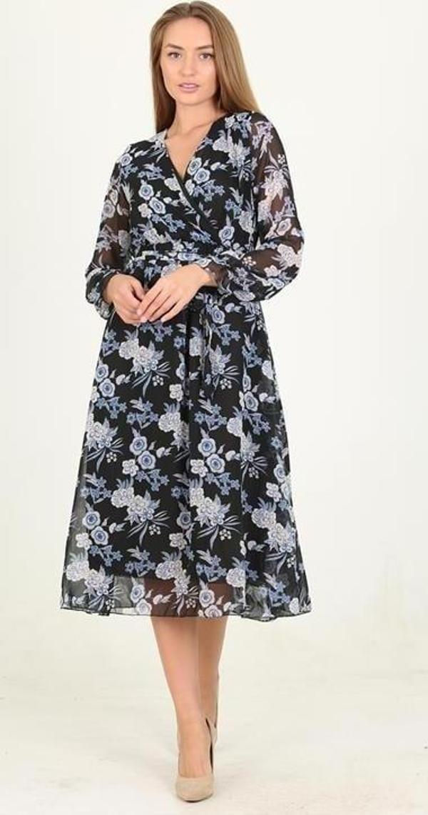 Dip Moda kadın mavi çiçek desenli kuşaklı kruvaze şifon elbise RSSN16 - Image 1