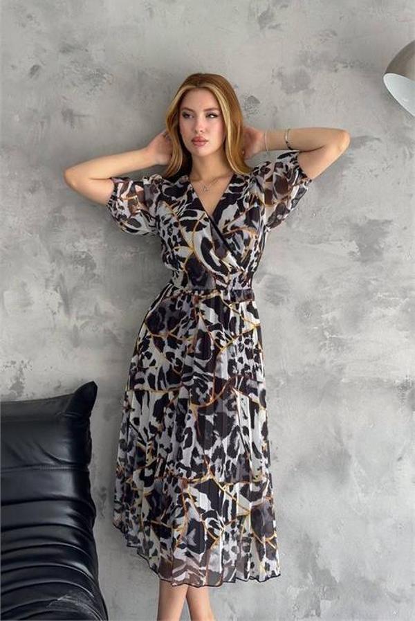 Dip Moda kadın siyah kruvaze yaka desenli şifon elbise DPQ001 - Image 1