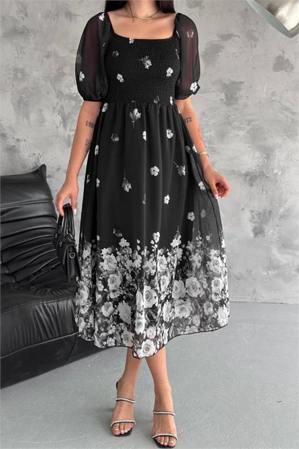 Dip Moda kadın siyah desenli kare yaka şifon elbise DPQ003 - Image 1