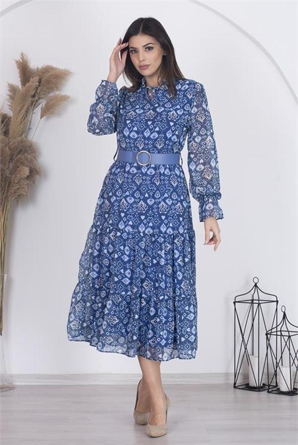 Dip Moda kadın astarlı etnik desenli şifon elbise RSDP002 - Mavi - Image 1