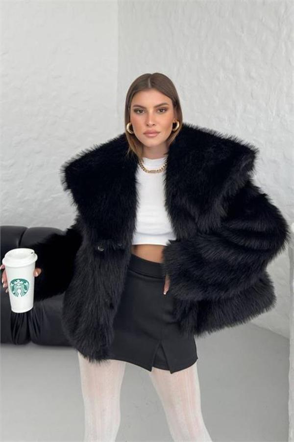 Dip Moda kadın oversize çıtçıtlı ithal kürk mont DPG037 - Image 1