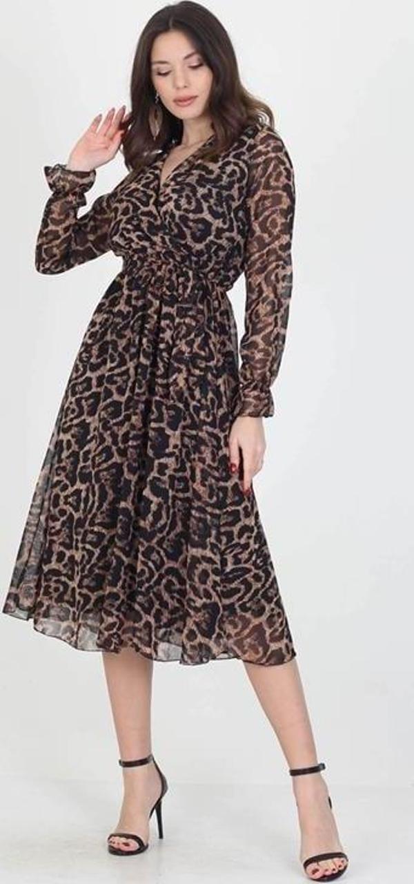 Dip Moda kadın yakası bağlama dertaylı leopar şifon elbise RSSN07 - Image 1