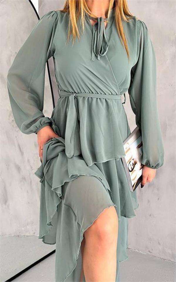 Dip Moda kadın astarlı eteği kat kat şifon elbise DPKKLF2041 - Image 1