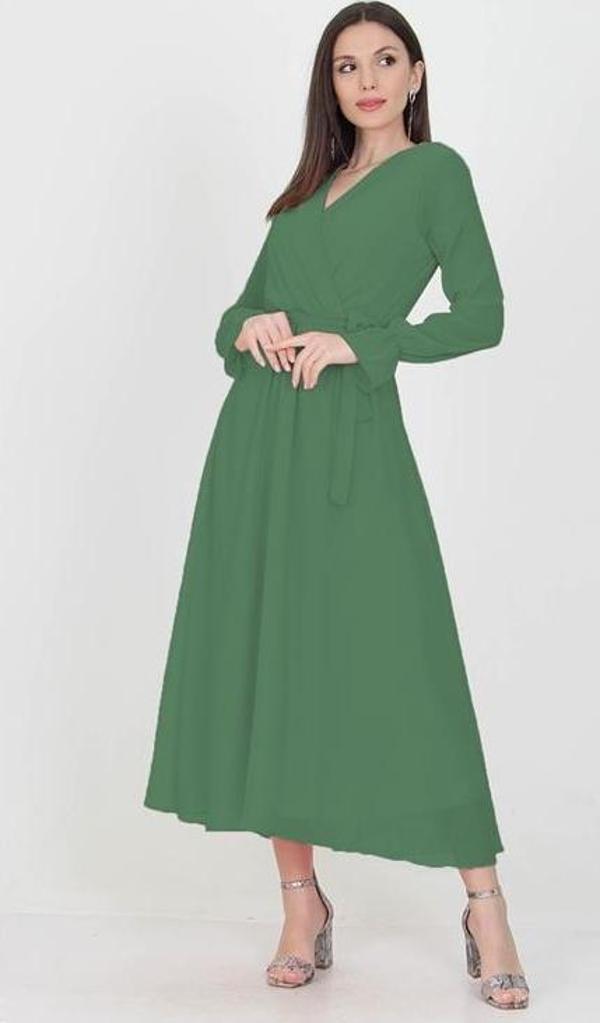 Dip Moda kadın kruvaze yaka zümrüt yeşili uzun şifon elbise KTS003 - Image 1