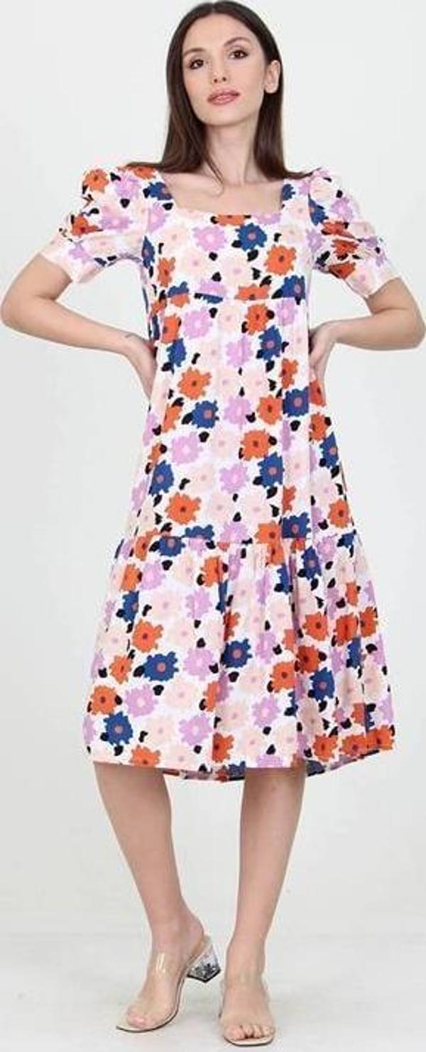 Dip Moda kadın pudra kare yaka eteği fırfırlı çiçek desenli viskon elbise DP10026 - Image 1