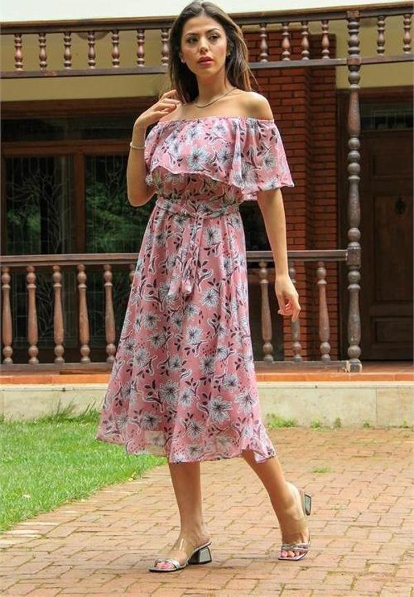 Dip Moda kadın pudra madonna kuşaklı yeni sezon desenli şifon elbise DP10037 - Image 1