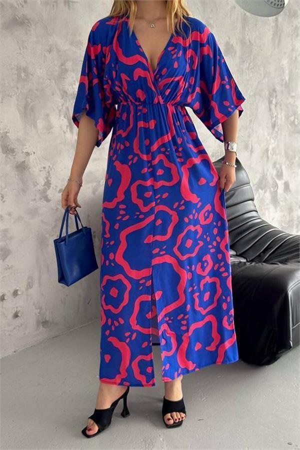 Dip Moda kadın kruvaze yaka desenli dokuma viskon elbise DPK2091 - Image 1