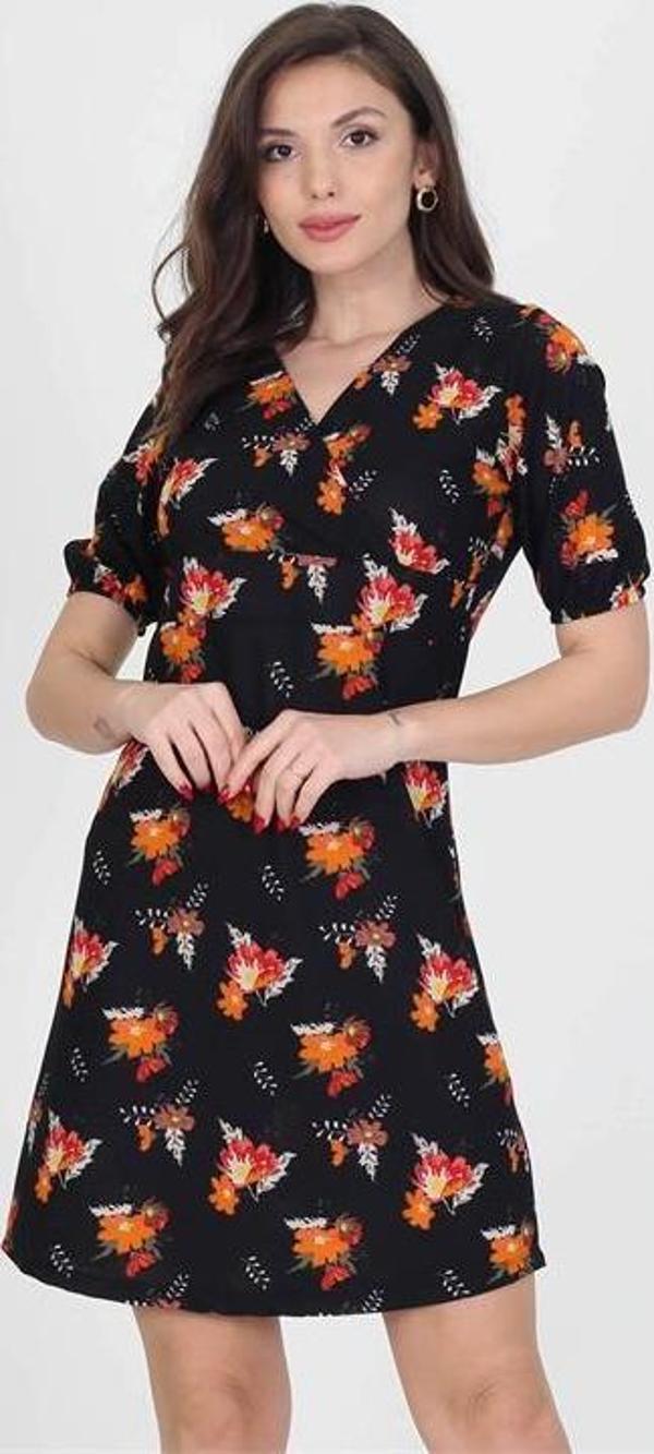 Dip Moda kadın kruvaze yaka çiçek desenli örme krep mini elbise DP10022 - Image 1