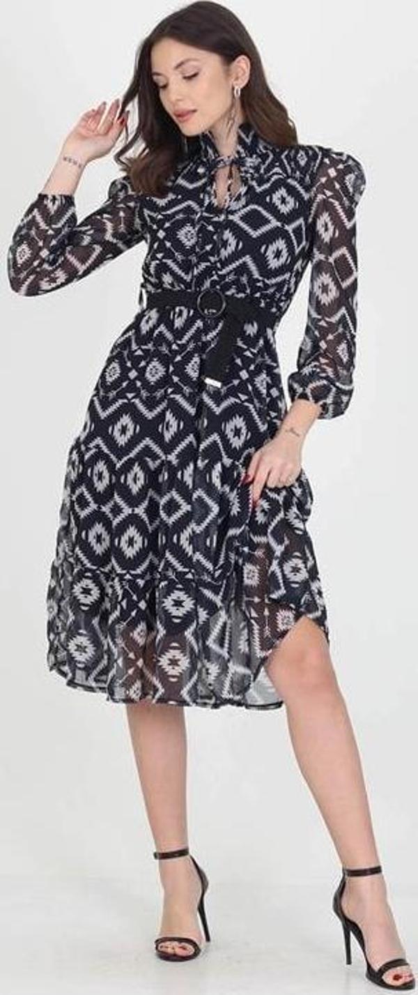 Dip Moda kadın kemerli yakası bağlama detaylı midi boy gipeli şifon elbise DP0006 - Image 1