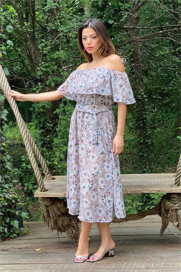 Dip Moda kadın bej madonna kuşaklı çiçek desenli şifon elbise DP10037 - Image 1