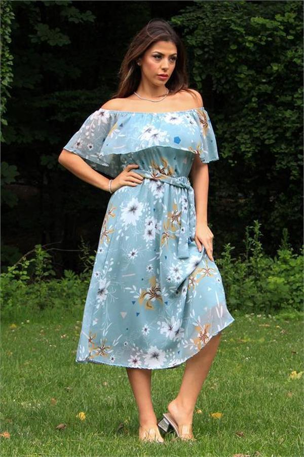 Dip Moda kadın mint yeşili kuşaklı çiçekli yazlık şifon elbise DP100371 - Image 1