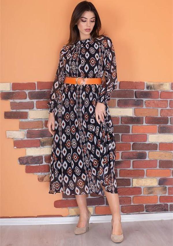 Dip Moda kadın kemerli yaka detaylı astarlı şifon elbise RY0032 - Image 1