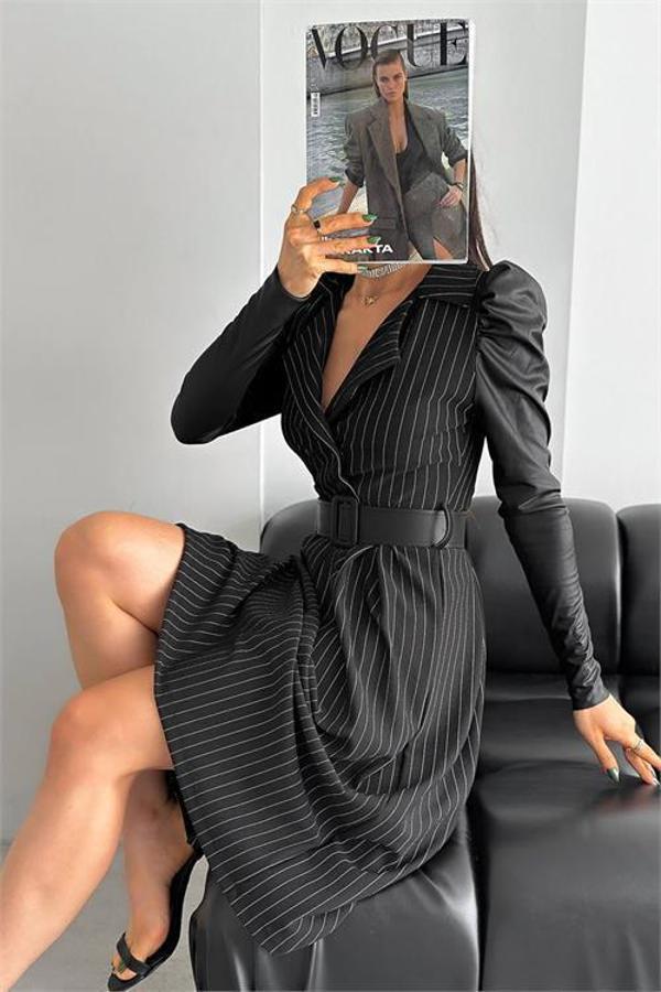 Dip Moda kadın deri ve omuz detaylı çizgili elbise KKLF64 - Image 1