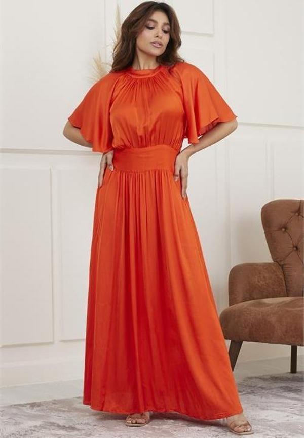 Kadın dekolte ve gipe detaylı astarsız saten elbise DPRY2027  - Image 1