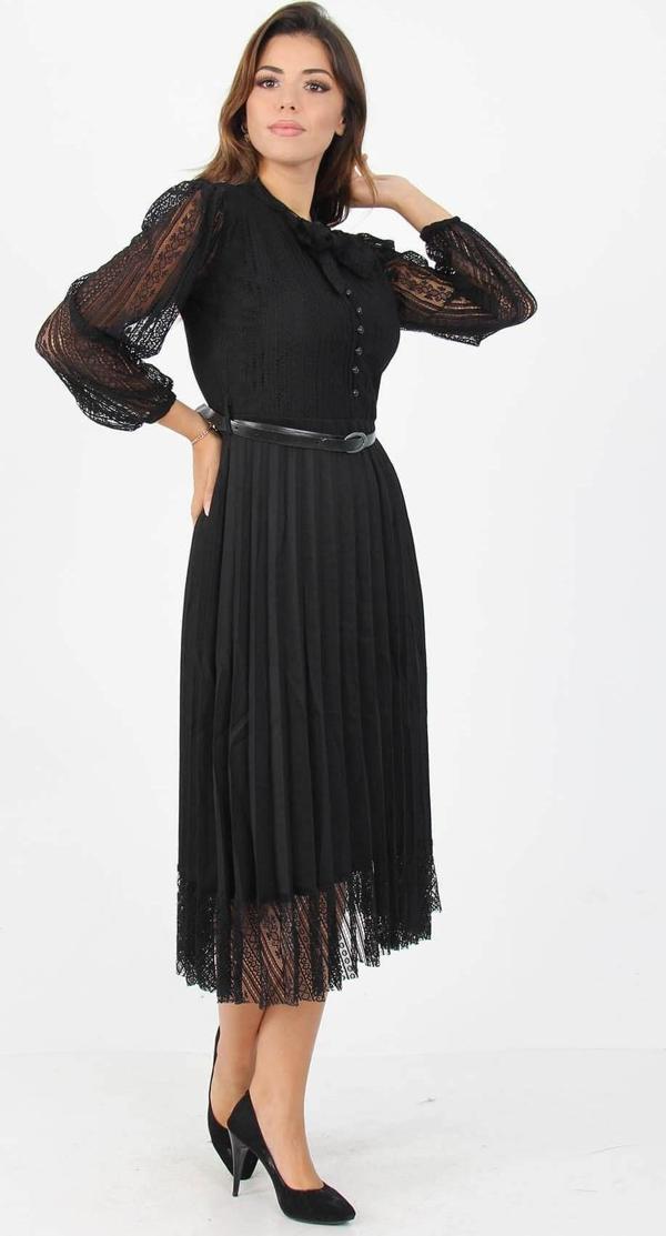 Dip Moda kadın kemerli yakası bağlama detaylı piliseli düğme detaylı çan elbise APCX09 - Image 1