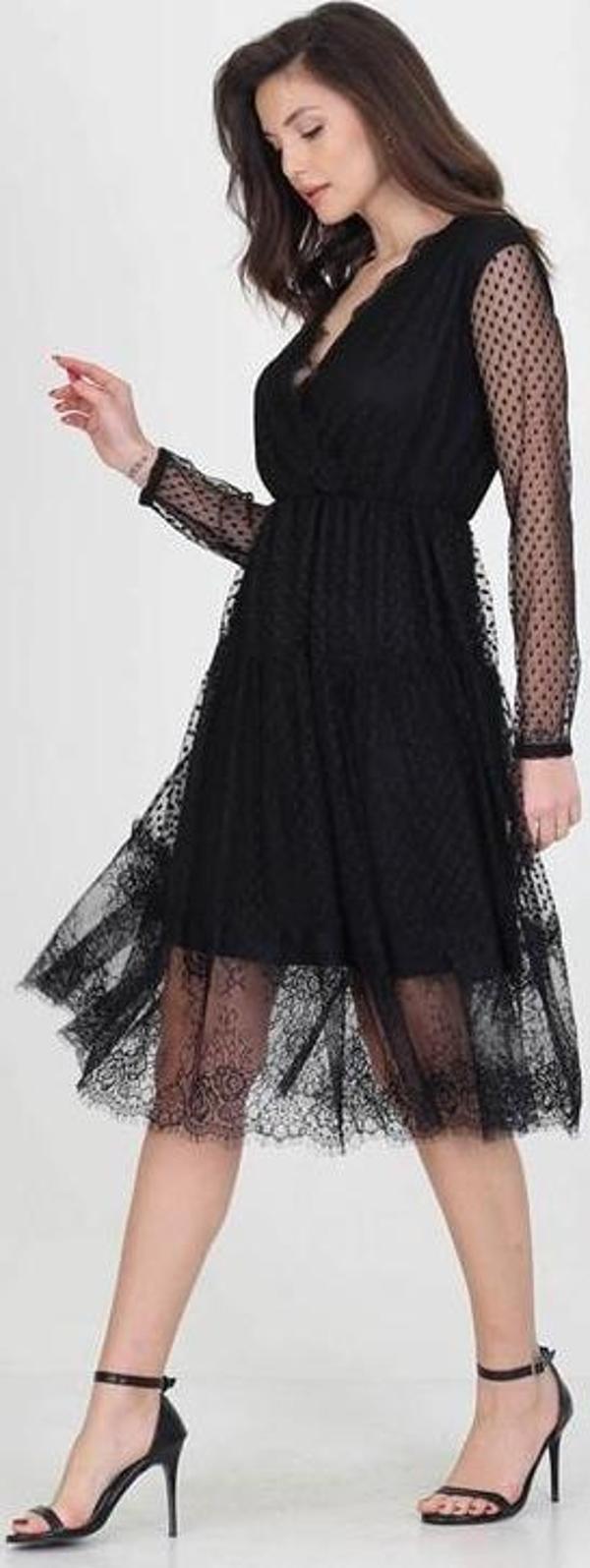 Neseli butik kruvaze yaka eteği güpür detaylı yeni sezon elbise DP0010 - Image 1