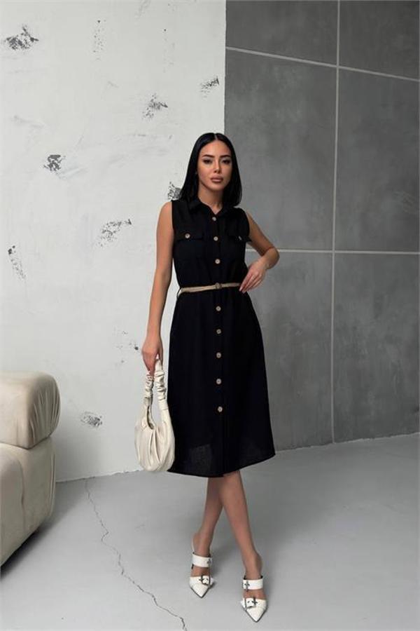 Dip Moda kadın keten kumaş hasır kemerli gömlek elbise DPG013 - Image 1
