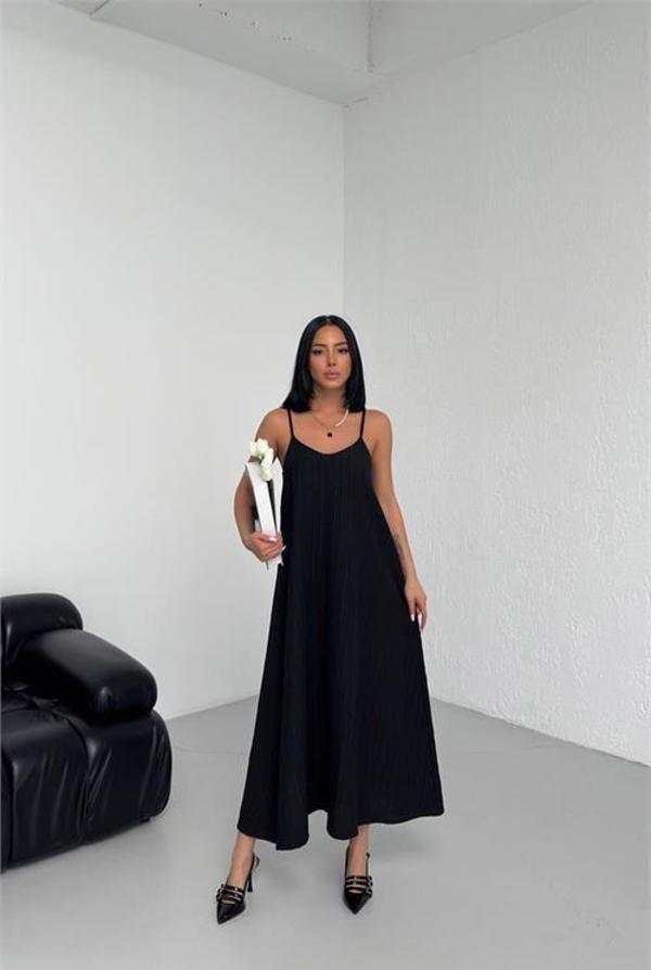Dip Moda kadın siyah askılı içi astarlı kaş keten elbise DPG017 - Image 1