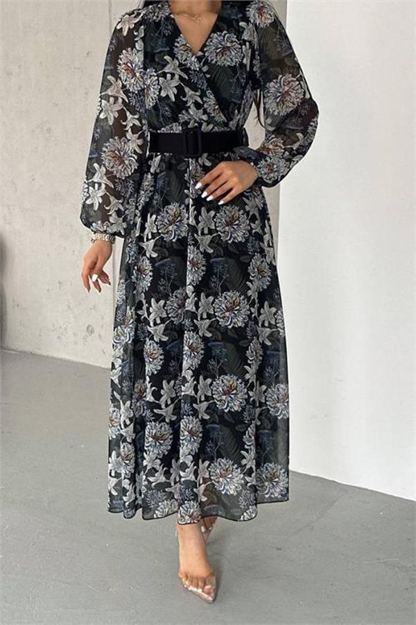 Dip Moda kadın kemerli yazlık uzun şifon elbise NBK2067-1 - Image 1
