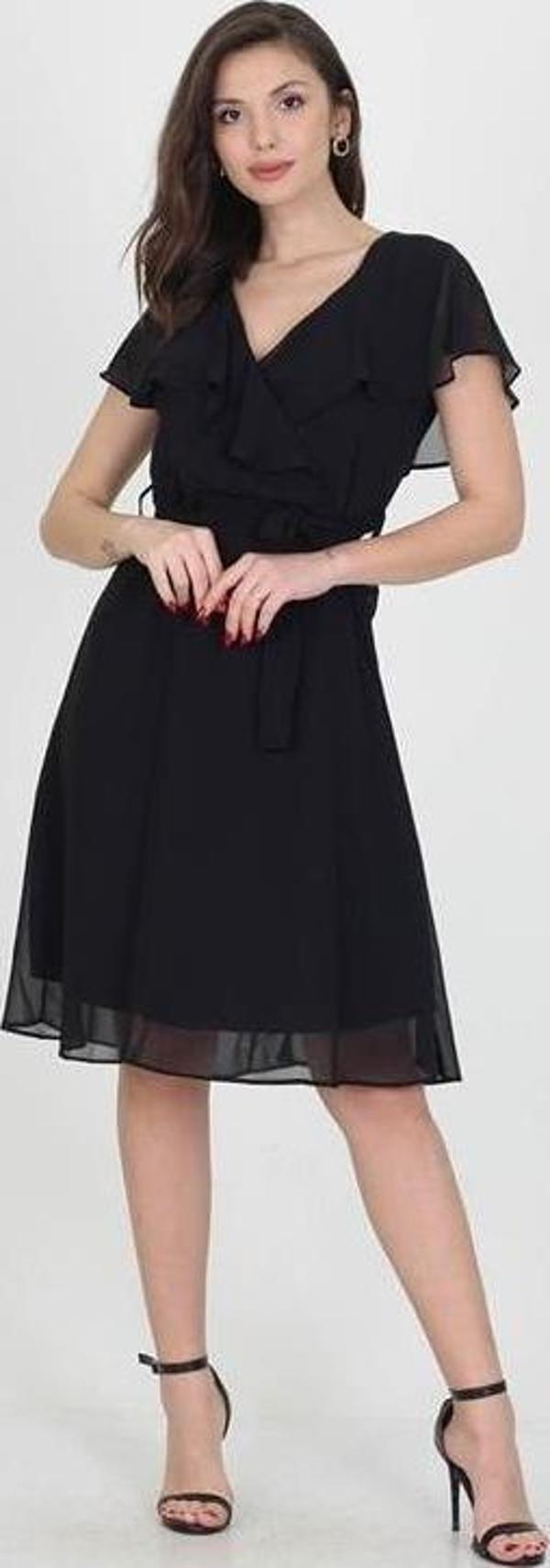 Dip Moda kadın midi boy yeni sezon kruvaze yaka melek kol şifon elbise RY8081 - Image 1