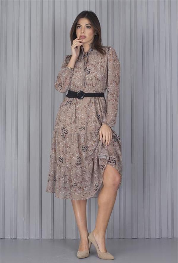Dip Moda kadın kemerli leopar desenli yeni sezon midi boy şifon elbise APCX04 - Image 1
